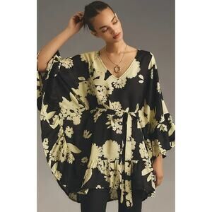 Bel Kazan Tie Ruffle Printed Kaftan in Black and Ivory Floral Print OS $148